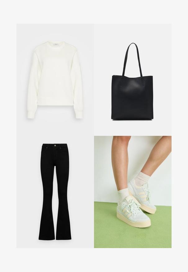 Crewneck sweatshirt in off-white, made from soft cotton blend. Features long sleeves, a relaxed fit, and ribbed hem and cuffs.; Black high-waist jeans with a button and zip closure, front pockets, and flared legs laid flat on a white background.; Light green sneakers with a textured surface, featuring three white stripes, a cream rubber sole, and lace-up design. Worn with light socks.; Black leather tote bag with smooth texture, rectangular shape, and two long handles. No visible hardware or embellishments.