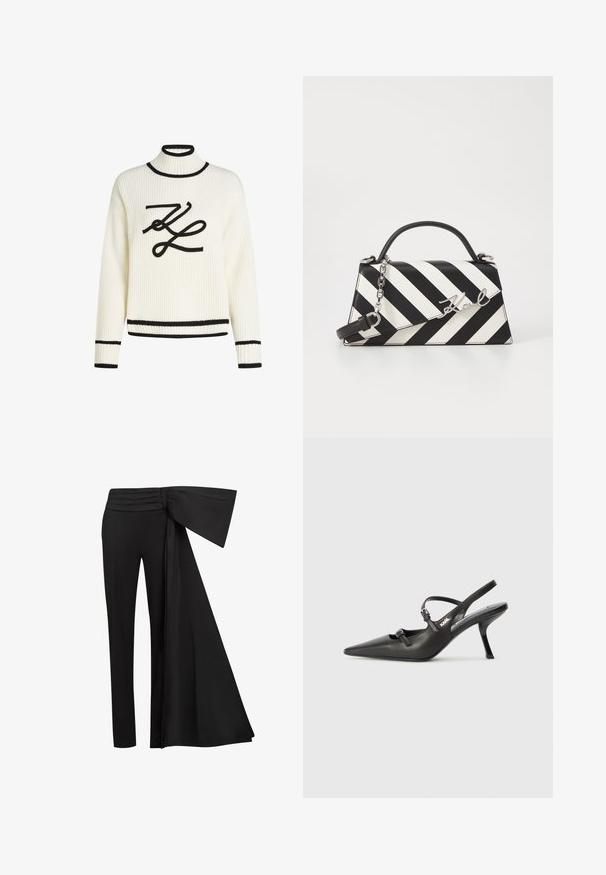 Cremfarbener Rippstrickpullover mit hohem Kragen, schwarzem Saum und einem auffälligen schwarzen Logo. Mit langen Ärmeln und einer lockeren Passform.; Schwarze Hosen mit einem breiten, drapierten Taillendetail. Glattes Material, gerade Beinform und gefalteter Bund.; Schwarzlederne Slingback-Absätze mit spitzer Zehenform, schlankem Absatz und dekorativem Schnallendetail auf dem Blatt. Glatte Textur und elegantes Design.; Schwarz-weiße gestreifte Handtasche mit strukturierter Form, ausgestattet mit einem oberen Griff, einem abnehmbaren Kettenriemen und einem metallischen Logo-Detail.