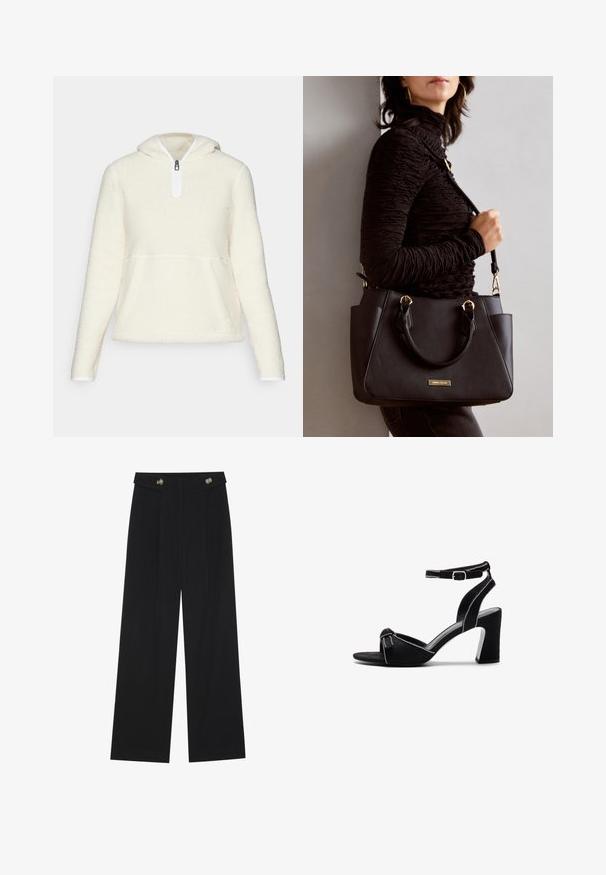 Fleece pullover in cream, featuring a half-zip front, hood, and front kangaroo pocket. Smooth inner lining and elastic cuffs.; Black wide-leg trousers with high waist, button details on waistband, and front pleats.; Black suede heeled sandals with a wide block heel, adjustable ankle strap, open toe design, and contrasting stitched detailing.; Black handbag with textured surface, dual top handles, and adjustable shoulder strap. Features gold-tone hardware and side pockets.