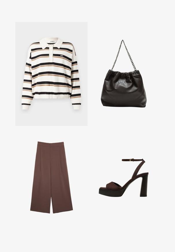 Gestreifter Poloshirt-Pullover in Creme, Braun und Schwarz. Mit Kragen, drei Knöpfen und elastischen Bündchen. Weicher Stoff und lockere Passform.; Braune Weite-Leg-Hosen mit einer glatten Textur, hoher Taille und Vorderfalten. Der Stoff ist leicht und fällt locker.; Braune Wildleder-Pumps mit offenem Zeh, verstellbarem Knöchelriemen und gestreiftem Plateausohlen.; Braune Lederhandtasche mit gerafftem Oberteil und Kettenriemen. Glatte Textur mit glänzendem Finish und subtilen Nahtdetails an den Seiten.