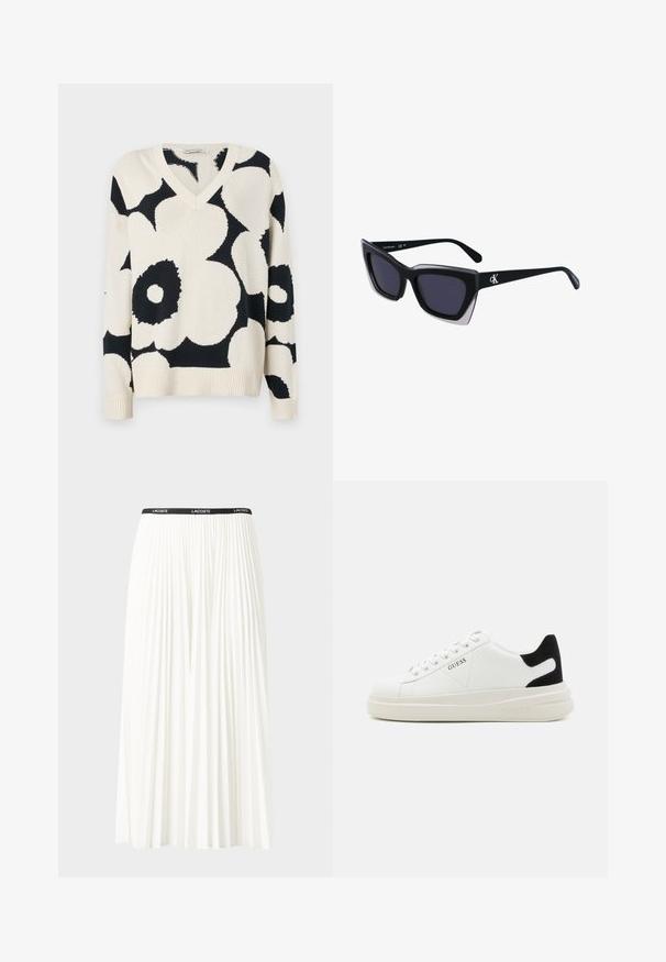 Marimekko PÄIVÄ UNIKKO - Pulover - off white/dark grey; Fustă plisată albă cu un brâu elastic negru, având logo-ul "LACOSTE". Design de lungime medie, cu textură moale.; Adidași din piele albă cu o talpă groasă albă, accent de călcâi din suede negru și logo embosat pe lateral. Design cu șireturi și șase orificii.; Ochelari de soare supradimensionați, negri, cu o formă geometrică, având lentile întunecate și un detaliu gri contrastant pe ramă. Logo pe braț.