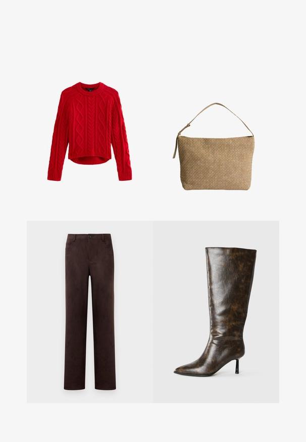 Suéter rojo de punto con un patrón de cable texturizado, cuello redondo y mangas largas. Corte recortado con detalles de dobladillo acanalado.; Pantalones rectos de ante marrón oscuro con cierre de botón delantero y cremallera, trabillas para cinturón y bolsillos laterales.; Bota de cuero marrón desgastada, hasta la rodilla, con puntera afilada y tacón fino tipo stiletto sobre un fondo blanco.; Bolso de cuero beige trenzado con una sola correa para el hombro, que presenta una forma rectangular y una superficie texturizada. Incluye herrajes para la correa ajustable.