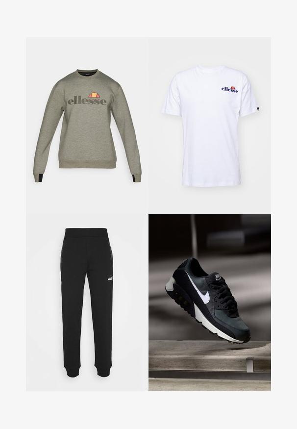 Pelēka sudraba ar garām piedurknēm, ribotām aprocēm un apakšmalu, ar lielu melnu "ellesse" logotipu un krāsainu pusapaļo akcentu tam augšpusē.; Balta kokvilnas T-krekls ar īsām piedurknēm, kas rotāts ar tumši zilā krāsā izšūtu logo uz kreisās krūtis un dzīvīgu krāsu akcentu virs logo.; Melnas sporta bikses, kas izgatavotas no mīkstas auduma, piedāvā sašaurinātu kāju dizainu, elastīgu jostasvietu, sānu kabatas ar rāvējslēdzējiem un mazu logo akcentu.; Melnas un zaļas kedas ar rakstainu sieta augšdaļu, baltu swoosh logo, mīkstu apkakli un redzamu gaisa amortizācijas elementu zolē.