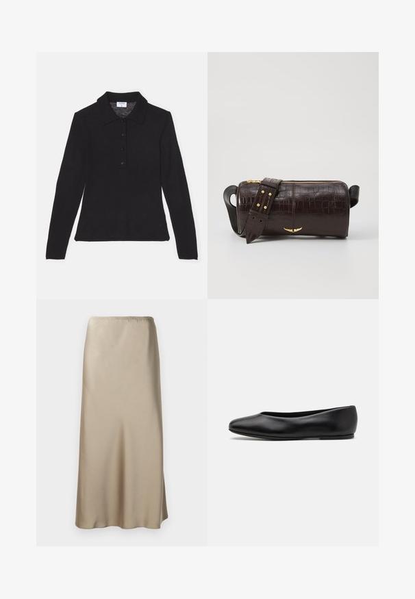 Schwarze Langarm-Hemd mit Kragen aus weichem Stoff, mit Knopfleiste und glatter Textur, bietet eine taillierte Silhouette.; Satin-Midirock in hellbeige mit einem elastischen Bund, glatter Textur und fließender A-Linienform. Keine sichtbaren Muster oder Hardware.; Paul Smith TOPANGA - Klassischer Ballerina - black; Braune, krokodilgeprägte Lederhandtasche mit zylindrischer Form, goldfarbener Hardware und einem abnehmbaren Tragegurt mit Nieten.