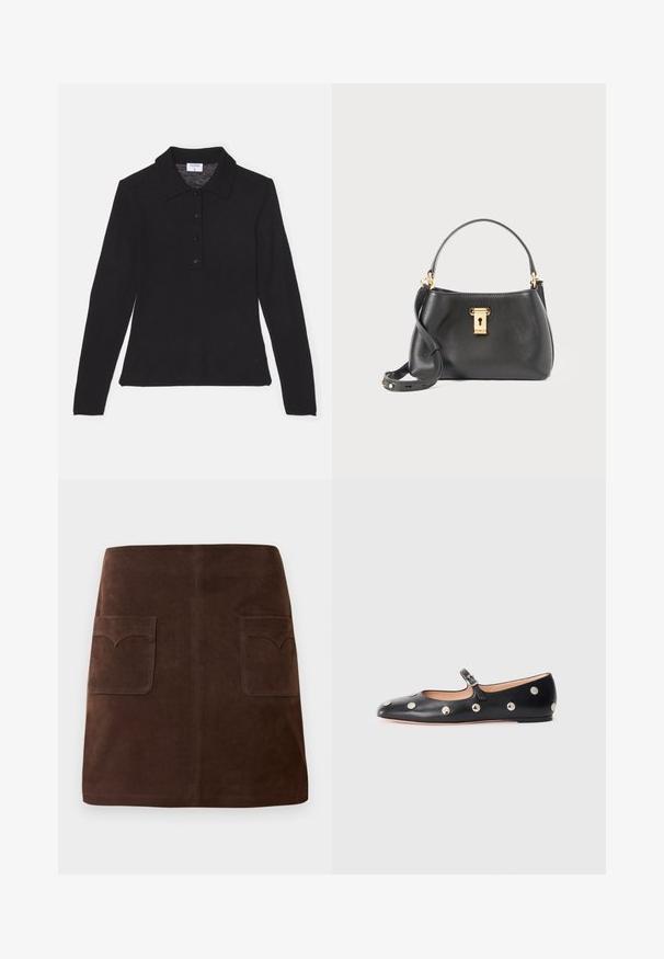 Fekete, hosszúujjú, galléros ing puha anyagból, gombos légkörrel és sima felülettel, amely kiemeli a testhezálló sziluettet.; Barna velúr szoknya klasszikus A-vonalú fazonnal, két elülső zsebbel kerek fedéllel és diszkrét varrási részletekkel.; Fekete bőr Mary Jane lapossarkú cipő, lekerekített orral, ezüst színű kör alakú szegecsekkel és állítható pánttal, csattal.; Fekete bőr kézitáska texturált felülettel, arany záródással, rövid fogantyúval és levehető vállpánttal.