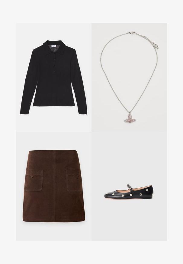 Zwart overhemd met lange mouwen en kraag, gemaakt van zachte stof, met een knoopsluiting en een gladde textuur, die een aansluitende silhoutte biedt.; Bruin suède rok met een klassieke A-lijn vorm, twee voorzakken met ronde kleppen en subtiele stikdetails.; Zwarte leren Mary Jane ballerina met een ronde neus, voorzien van zilveren ronde studs en een verstelbaar bandje met een gesp.; Zilveren ketting met een roze, sprankelende hanger in de vorm van een strik met een hart, bevestigd met een karabijnhaak.
