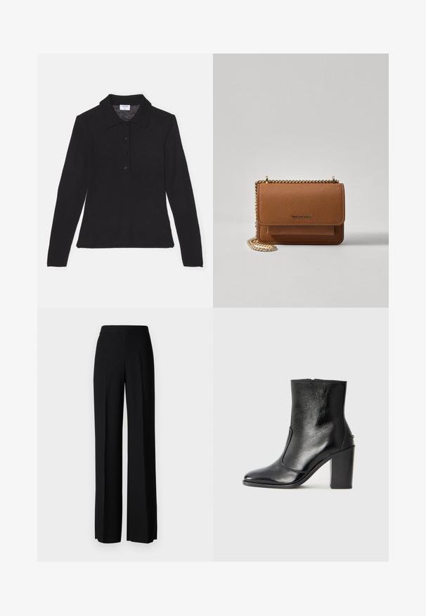 Camisa preta de manga longa com colarinho, feita de um tecido macio, com uma abertura com botões e uma textura suave, oferecendo uma silhueta ajustada.; Calças largas pretas com uma textura suave, apresentando uma cintura alta e pregas centrais. Sem padrões visíveis ou detalhes em metal.; Bota ankle preta em pele com uma textura suave, bico fino e um salto alto robusto. Apresenta uma abertura lateral e um design minimalista.; Bolsa crossbody de couro texturizado castanho com alça de corrente dourada e fecho com aba. A parte da frente apresenta detalhe do logótipo e um bolso sob a aba.