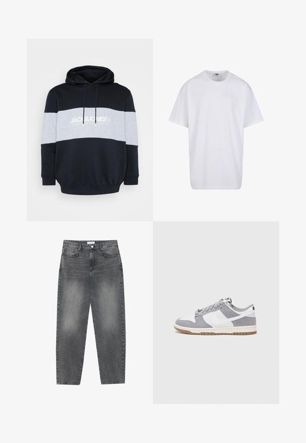 Hooded sweatshirt featuring a black body, gray horizontal stripe, and white text logo. Made from soft cotton blend with ribbed cuffs and hem.; White cotton t-shirt with short sleeves, rounded neckline, relaxed fit, and no visible logos or patterns. Smooth texture and minimal design.; High-waisted, loose-fitting jeans in faded black denim. Features five pockets, belt loops, and a clean, straight leg design.; Gray and white sneaker with a suede and leather upper, rounded toe, flat laces, and a rubber sole featuring a gum accent.