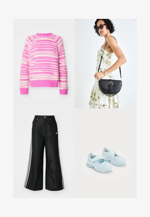 Adītajam džemperim ir horizontālas svītras rozā un krēmkrāsā. Tam ir ribota apkakle un piedurknes, mīksta tekstūra un brīvs piegriezums.; Melni platās kājas džinsi ar trim baltām svītrām katrā pusē un mazu baltu logotipu. Iezīmē priekšējos kabatas un pogu aizdari.; Gaišzili sporta apavi ar sieta audumu, izteikti izgriezumi zolē un Velcro siksna virsū, lai nodrošinātu drošu piestiprināšanu.; Melnas ādas rokassoma ar izliekta formu, noņemamu siksnu un zelta aksesuāriem. Somai ir vāciņš ar sprādzes detaļu.