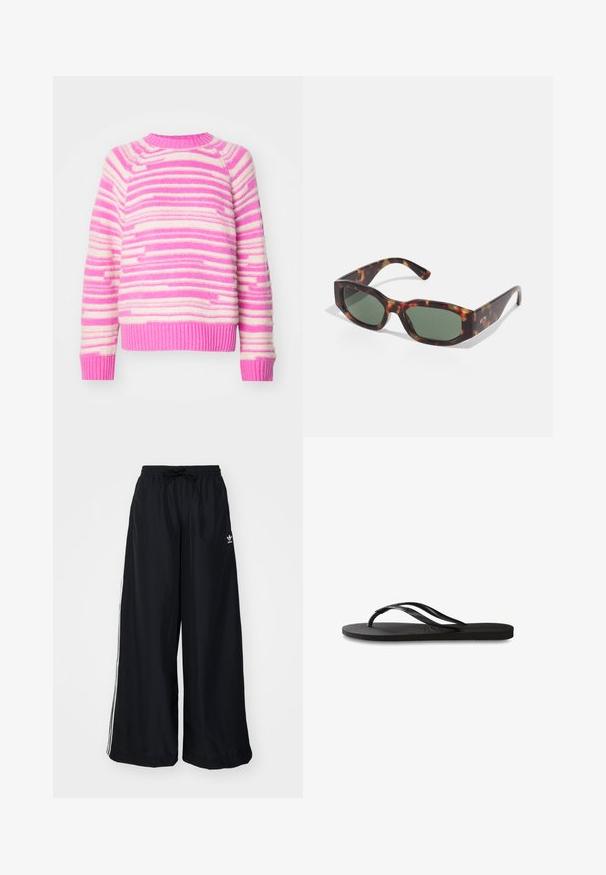 Pleten pulover s horizontalnimi črtami v rožnati in smetani barvi. Pregibna ovratnica in manšete, mehak teksturiran material ter sproščen kroj.; Črne široke hlače iz lahkega blaga. Imajo elastičen pas z vrvico in bele stranske črte. Logotip blagovne znamke na boku.; Črne natikače z teksturirano gumijasto podlogo, dvema ozkima trakoma in subtilnim, vtisnjenim logom na traku.; Sonce zaščitna očala iz želvje lupine z pravok FNZ zelenimi lečami, širokim okvirjem in debelimi stebrički. Ponašajo se z elegantnim dizajnom in gladko plastično teksturo.
