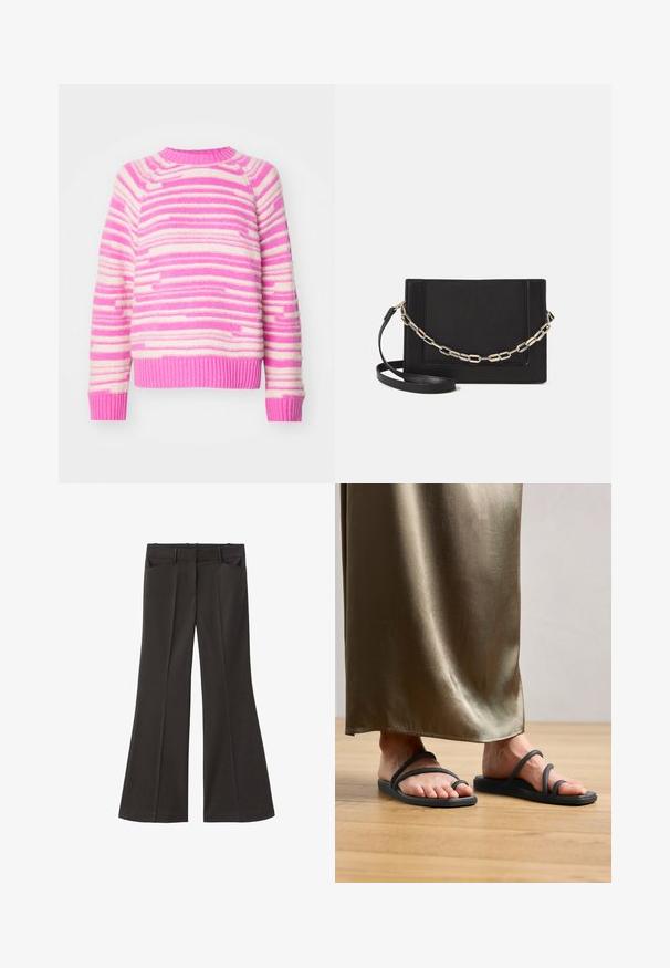 Strickpullover mit horizontalen Streifen in Pink und Creme. Ribbelkragen und -bündchen, weicher Stoff und entspannter Schnitt.; Schwarze, weit geschnittene Hosen mit hoher Taille; verfügt über zwei Fronttaschen und eine glatte Stoffoberfläche. Geeignet für verschiedene Anlässe.; Schwarze Gummiflip-Flops mit zwei dünnen Riemen und einer einzelnen Zehen Schlaufe. Auf einem Holzboden neben einem satinierten olivgrünen Rock positioniert.; Schwarze Leder-Crossbody-Tasche mit glatter Textur, rechteckiger Form und metallic-kettendetail auf der Vorderseite. Verstellbarer Gurt inklusive.