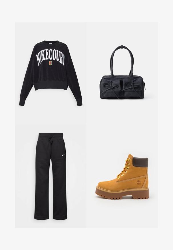 Felpa nera corta con la scritta “NIKECOURT” in lettere bianche in rilievo. Presenta un logo quadrato colorato sul davanti e polsini a costine. Tessuto morbido.; Pantaloni sportivi neri realizzati in misto cotone, con vita elasticizzata regolabile, gambe dritte e logo bianco Nike sul lato sinistro.; Stivale alla caviglia impermeabile color beige con suola in gomma robusta, punta rotonda, colletto in pelle marrone, lacci gialli e un logo sul lato.; Borsa in tessuto nero con due tasche frontali decorate con fiocchi, doppi manici e chiusura zip. Texture morbida e forma rettangolare.