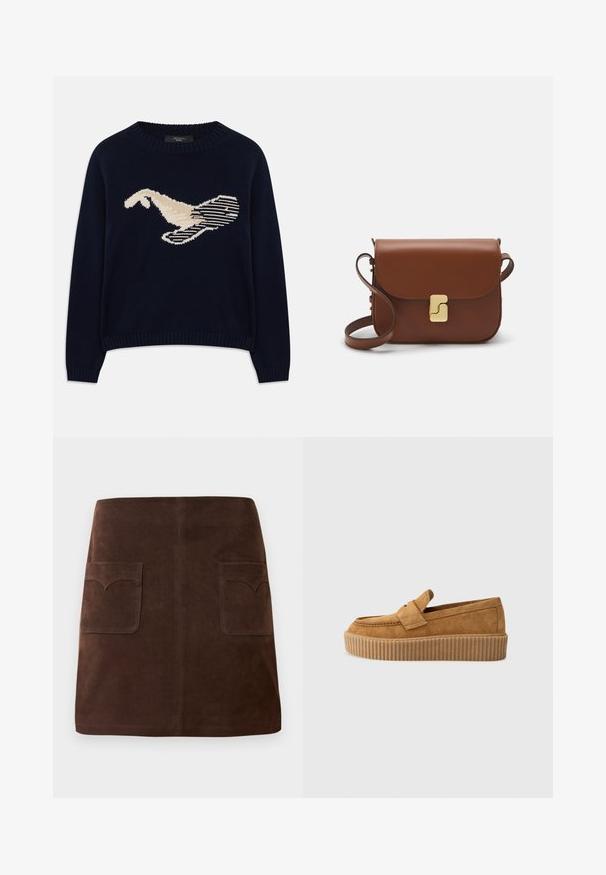 Maglione a maglia blu navy con una grafica color crema di un uccello. Il design include motivi lineari e un colletto e polsini a coste.; Gonna in suede marrone con una classica forma a campana, due tasche frontali con alette arrotondate e dettagli di cucitura sottili.; Mocassino in suede marrone con punta rotonda, dotato di suola a piattaforma rigata e una fascia decorativa sulla parte superiore.; Borsa a tracolla in pelle marrone con chiusura a pattina, hardware color oro, tracolla e una finitura liscia. Forma rettangolare compatta.