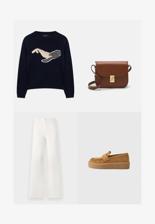 Pulover tricotat de culoare bleu marin, cu un grafic de pasăre de culoare crem. Designul include modele liniare și un guler și manșete cu model în relief.; Jeans albe, cu talie înaltă și croială largă, realizate din denim. Dispun de închidere cu buton, două buzunare frontale și cusături detaliate pe laterale.; Mocasini din nubuc maroniu cu vârf rotund, având o talpă platformă cu nervuri și o curea decorativă peste partea superioară.; Geantă de piele maro cu închidere tip capac, accesorii de culoare aurie, curea de umăr și o textură netedă. Formă compactă și rectangulară.