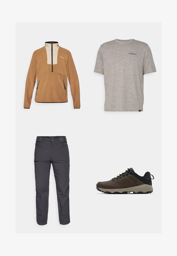 Columbia SEQUOIA GROVE™ HALF ZIP - Fleece trui - delta/ancient fossil/black; Grijze T-shirt met korte mouwen, gemaakt van zachte, gestructureerde stof, met een klein blauw Patagonia-logo op de linkerkant van de borst. Geen extra patronen.; Donkergrijze broek van duurzaam materiaal, met een ritssluiting zak, rechte snit en lussen voor een verstelbare pasvorm.; Bruine waterdichte sneakers met een gestructureerde bovenkant, geperforeerde accenten, zwarte hielsteun en een grijze rubberen zool. De veters zijn voorzien van metalen uiteinden.
