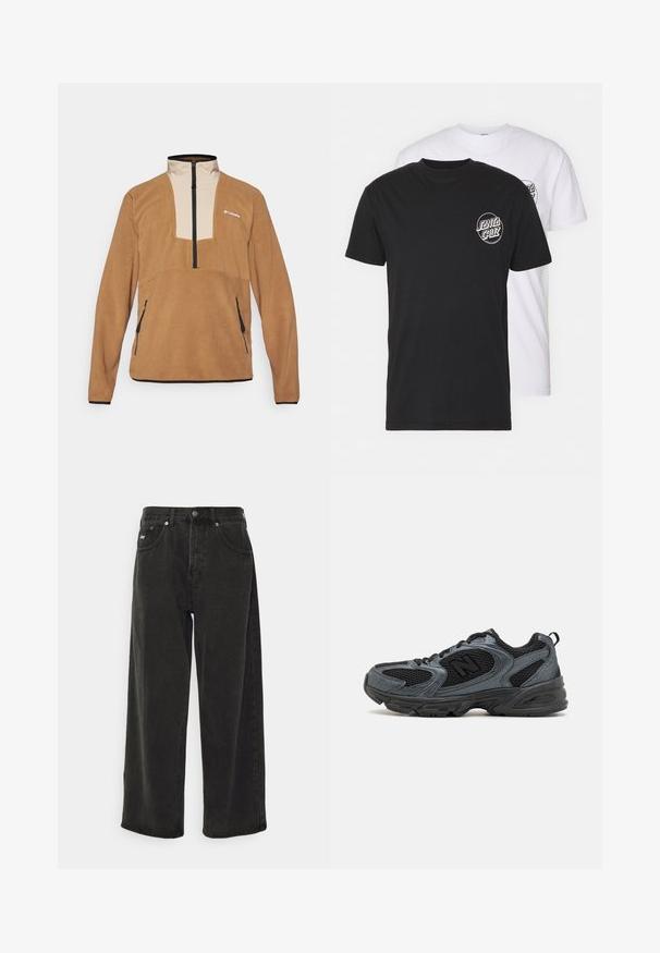 Columbia SEQUOIA GROVE™ HALF ZIP - Flīsa džemperis - delta/ancient fossil/black; Divas divu t-kreklu komplekts: viens melns, otrs balts. Abiem ir īsas piedurknes un apļa logo uz krūtīm kontrastējošā krāsā. Kokvilnas materiāls.; Obey Clothing BIGWIG BAGGY - Plati džinsi - black; Melni un pelēki sporta apavi ar teksturētu tīkla augšu, gumijas zoli un atbalstošu dizainu. Iezīmēts ar logotipu un saistīšanas sistēmu.