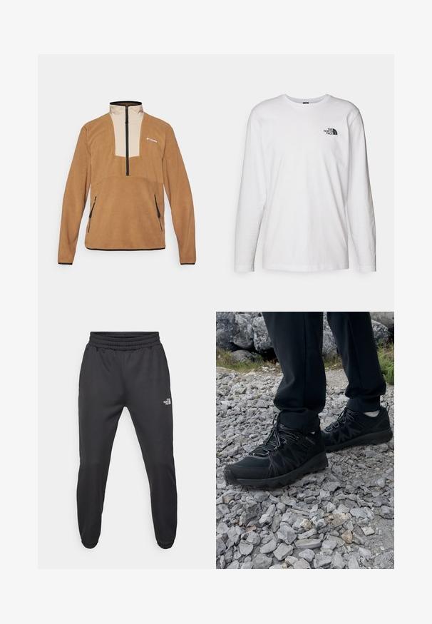 Columbia SEQUOIA GROVE™ HALF ZIP - Fleecepaita - delta/ancient fossil/black; Valkoinen pitkähihaisen T-paita, joka on valmistettu puuvillasta ja jossa on pyöreä kaula-aukko. Rintamuksessa on pieni musta logo. Sileä kangas, normaali malli.; Mustat collegehousut, joissa on nauhakuomu vyötäröllä, kapeneva fit, elastiset hihansuut ja pieni valkoinen logo vasemmassa reidessä, valmistettu sileästä kankaasta.; Mustat ulkokengät, joissa on verkko- ja synteettinen materiaali, teksturoitu päällinen, varma nauhoitusjärjestelmä ja kestävä pohja kivikkoisella maastolla.