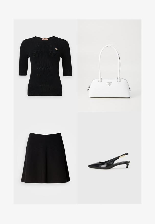 Top en maille côtelée noir à manches courtes, avec des motifs subtils et un accent de logo doré près de l'encolure.; Jupe noire évasée en tissu doux, avec une taille ajustée et des coutures décoratives. Texture lisse avec un design simple et classique.; Talons hauts en cuir noir avec un bout pointu, dotés d'un talon fin et d'un accent en ton or sur la lanière réglable. Texture lisse.; Sac à main en cuir blanc avec une forme courbée, présentant un logo triangulaire argenté et une fermeture à glissière. Texture lisse et doubles poignées.