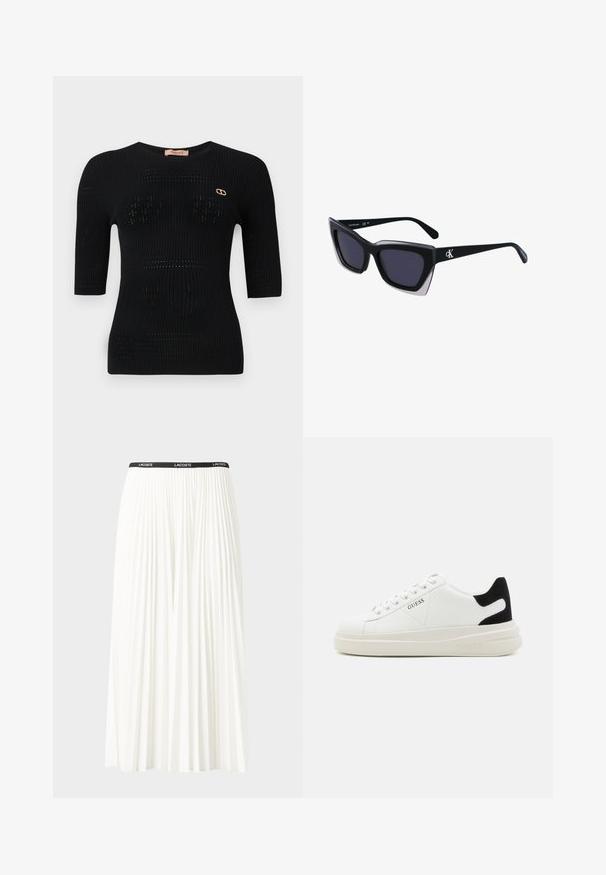 Schwarzes, geripptes Stricktop mit kurzen Ärmeln, das dezente Muster und ein goldenes Logo-Detail in der Nähe des Ausschnitts aufweist.; Faltenrock aus Weiß mit einem schwarzen elastischen Bund, der das "LACOSTE"-Logo trägt. Mittellanges Design mit weicher Textur.; Weiße Leder-Sneaker mit einer dicken weißen Sohle, schwarzem Wildlederakzent an der Ferse und geprägtem Logo an der Seite. Schnürdesign mit sechs Ösen.; Schwarze übergroße Sonnenbrille mit geometrischer Form, ausgestattet mit dunklen Gläsern und einem kontrastierenden grauen Detail im Rahmen. Logo am Bügel.