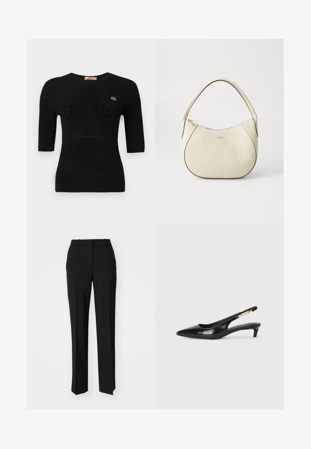 Črna rebrasta pletena majica s kratkimi rokavi, ki vsebuje subtilne vzorce in zlat logotip ob vratu.; Črne krojene hlače s direktnim krojem, ki se ponašajo z gladko teksturo in ostrimi pregibi spredaj. Ni vidne kovine.; Črne usnjene sandale na peto z ostro konico, ki imajo tanko peto in zlat ton na nastavljivem traku. Gladka tekstura.; Kremna torbica z teksturiranim zaključkom, ukrivljena oblika, kratek ročaj in detajl v zlatem tonu z logotipom. Zadrga na vrhu.