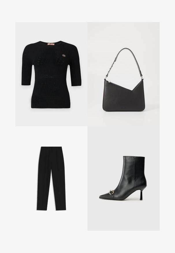 Black ribbed knit top with short sleeves, featuring subtle patterns and a gold logo accent near the neckline.; Black trousers with a straight fit, featuring double pleats, a smooth texture, and a classic waistband design. No visible hardware or accents.; Black leather ankle boot with pointed toe, slim mid-height heel, and silver buckle detail on side against plain background.; Black leather handbag with a triangular shape, a slim strap, and silver hardware. Features a zip closure and embossed logo on the front.