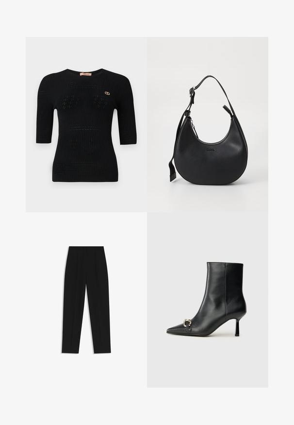 Top corto a maniche corte in maglia a coste nera, con motivi sottili e un accento dorato del logo vicino allo scollo.; Pantaloni neri a taglio dritto, con doppie pieghe, una texture liscia e un design classico in vita. Nessun hardware o dettaglio visibile.; Stivale alla caviglia in pelle nera con punta affusolata, tacco sottile di media altezza e dettaglio in fibbia argentata sul lato, su sfondo semplice.; Borsa a spalla in pelle nera con forma curva, chiusura con zip e tracolla regolabile. Presenta il logo del marchio impresso sulla parte anteriore.