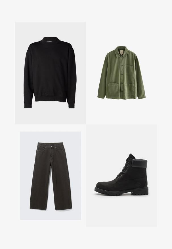 Schwarzer Sweatshirt mit hohem, geripptem Kragen, langen Ärmeln und lockerer Passform. Weiche Textur mit gerippten Bündchen und Saum.; Olivegrüne Jacke aus Baumwolle mit Knopfleiste, spitzem Kragen und vier Taschen. Hat eine entspannte Passform und weiche Textur.; Hochwaisted, weit geschnittene schwarze Denim-Jeans verfügen über ein Fünf-Taschen-Design und einen Knopfverschluss. Der Stoff hat eine weiche, strukturierte Oberfläche.; Schwarze geschnürte Knöchelboots mit gepolstertem Kragen und robustem Profil, im Profil vor einem weißen Hintergrund dargestellt.