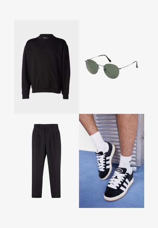 Mustaline sviiter kõrge soonikkoes kraega, pikad varrukad ja vabalt langev lõige. Pehme tekstuur koos soonikkoes mansettide ja alläärega.; Mustad püksid, millel on voltidega eesmine disain, valmistatud siledast kangast. Omab nup closure ja vöökinnitusauke; sirge jalgade lõige.; Mustad nahkjalatsid valgete paelte ja kolme valge triibuga. Omab ümmargust musta logo keele peal ning kummist tallat.; Metallist raamistikuga prillid ovaalsete roheliste läätsedega. Õhuke hõbedane metallraam ja mustad kõrvakatted. Minimalistlik disain, nähtavad logod puuduvad.