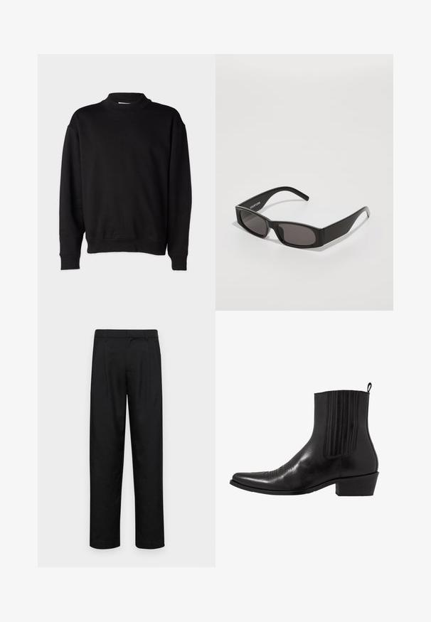Sudadera negra con un cuello alto acanalado, mangas largas y un ajuste relajado. Textura suave con puños y dobladillo acanalados.; Pantalones negros de tela suave, con un diseño de pierna recta, dos pliegues frontales y una cintura estándar con trabillas para el cinturón.; Bota de cuero negro hasta el tobillo con punta afilada, paneles laterales elásticos, acentos de costura vertical y un tacón bajo y cuadrado.; Gafas de sol rectangulares negras con lentes oscuros, una montura de plástico suave y un logo sutil en el brazo izquierdo. Diseño minimalista.