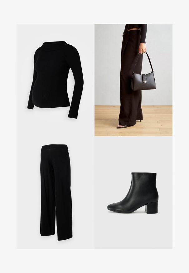 Črn rebrast materinski pulover z dolgimi rokavi, širokim zloženim ovratnikom in prilegajočo silhueto, zasnovan za udobje in stil med nosečnostjo.; Črne široke hlače z elastičnim pasom in gladko, raztegljivo teksturo. Imajo preprost dizajn, brez vzorcev ali okraskov.; Črne usnjene gležnjarje s koničastim nosom in debelim peto. Gladka tekstura z minimalnimi detajli in eleganten, prilegajoč dizajn.; Črna torbica z strukturirano obliko, gladko teksturo in kovinskim zaponko. Ujemajo se z širokimi črnimi hlačami in odprtimi sandali na lesenem tleh.