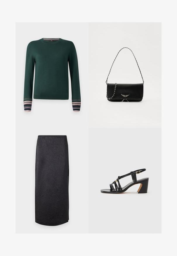 Žalias ilgomis rankovėmis megztinis su apvalia iškirpte ir raštuotais rankogaliais laivyno, rožinės ir baltos spalvų juostomis. Pagamintas iš minkšto megztinio audinio.; Juoda midi sijonas su suplėšyta tekstūra, tiesaus kirpimo ir šoniniu plyšiu. Medžiaga atrodo lengva. Hemas šiek tiek užapvalintas.; Paul Smith AMIRA - Klasikiniai aukštakulniai - black; Juodas odinis delninukas su sidabro spalvos grandinele, papuoštas dekoratyviniais sparnų akcentais ir balta siūle apačioje.