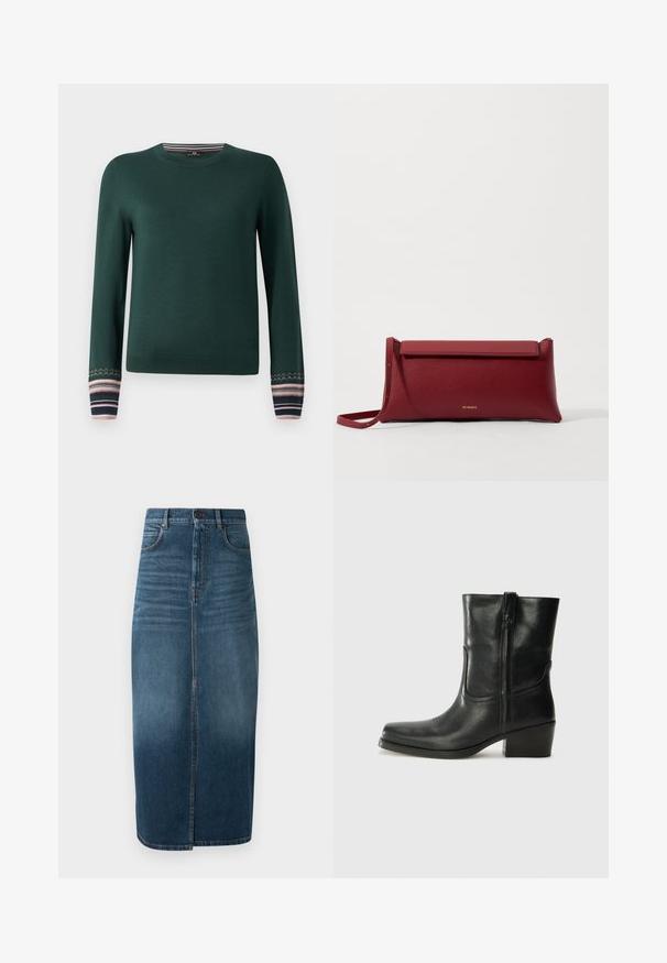 Green long-sleeve sweater with a crew neck and patterned cuffs in navy, pink, and white stripes. Made from a soft knit fabric.; Denim midi skirt in dark indigo, featuring a front split and slight fade. Classic five-pocket design with metal button closure.; Black leather ankle boot with a rounded toe, block heel, side zipper, and stitching accents on the vamp. Smooth texture, classic design.; Red leather clutch bag with a textured finish, featuring a flat fold-over top and a short strap. Subtle brand logo on the front.
