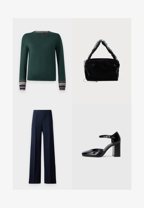 Roheline pika varrukaga sviiter ümmarguse kaelusega ning siniste, roosade ja valgete triipudega mustris käistega. Valmistatud pehmest kudumiskangast.; Laiad püksid tumesinises kangas, millel on sile tekstuur, peened esiplekid ja istuv vöökoht, mis loob sujuva silueti.; Mustad lakknahk kingad kõrge kontsaga, ruudukujulise varbaga, pahkluu rihmaga ja paksu kontsaga. Sisaldab perforatsioonidega detaile ääres.; Must mustrepp nahkakäekott, millel on tekstuuriga viimistlus, esitades pehme hõbedase aktsendi pealt käepideme juures ja kettainet.