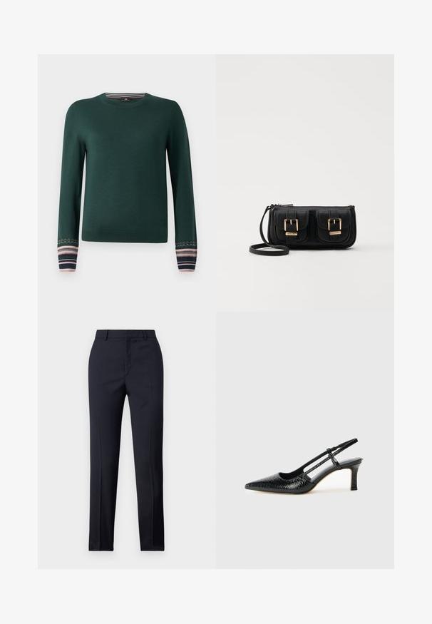 Roheline pika varrukaga sviiter ümmarguse kaelusega ning siniste, roosade ja valgete triipudega mustris käistega. Valmistatud pehmest kudumiskangast.; Tumed kohandatud püksid sirge lõikega, millel on sile tekstuur, kaks esist taskut ja puhas vöökoht.; Mustmust paelad, millel on terav varvas, tekstuuriga maduprindiga, reguleeritav rihm ja lühike tekstuuriga plokknina.; Must küllastamata nahast õlakott, millel on kaks esist nähtavat taskut, kuldsed pandlad, tõmblukuga sulgemine ja peen rihm. Tekstuuriga pind ja kompaktne ristkülikukujuline kuju.