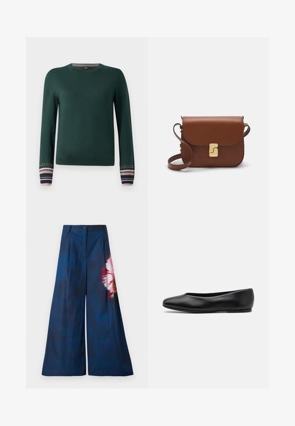 Grüner Pullover mit langen Ärmeln und Rundhalsausschnitt, mit gemusterten Bündchen in navy, pink und weißen Streifen. Aus weichem Strickstoff gefertigt.; Weite Hosen aus dunkelblauem Stoff mit einem floralen Muster in Rosa und Gelb auf einer Seite und einem Knopfverschluss an der Taille.; Paul Smith TOPANGA - Klassischer Ballerina - black; Braune Ledertasche mit Klappenverschluss, Beschlägen in Goldfarbe, einem Schultergurt und einer glatten Oberfläche. Kompakte rechteckige Form.