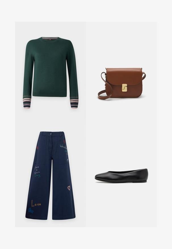 Grüner Pullover mit langen Ärmeln und Rundhalsausschnitt, mit gemusterten Bündchen in navy, pink und weißen Streifen. Aus weichem Strickstoff gefertigt.; Navyblaue weite Baumwollhosen mit mehreren Taschen. Enthält farbenfrohe gestickte Texte und Grafiken, darunter Herzen und verspielte Phrasen.; Paul Smith TOPANGA - Klassischer Ballerina - black; Braune Ledertasche mit Klappenverschluss, Beschlägen in Goldfarbe, einem Schultergurt und einer glatten Oberfläche. Kompakte rechteckige Form.