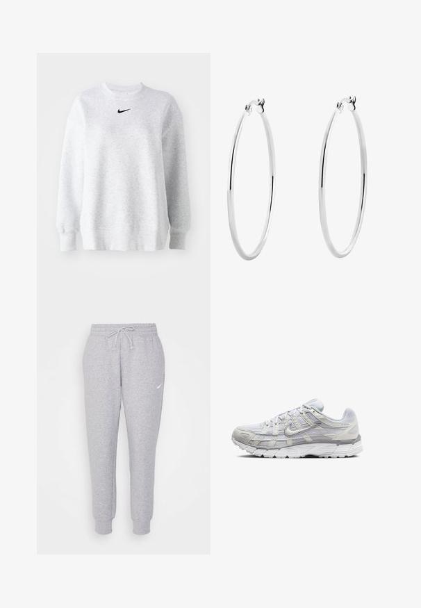 Sivi dukserica napravljena od mekog materijala, sa okruglim izrezom, spuštenim ramenima, rebrastim manžetama i malim crnim Nike logoom na grudima.; Svijetlosive trenirke s elastičnom trakicom u struku, sužene nogavice i mali bijeli logo na lijevom bedru. Izrađene su od mekog, teksturiranog materijala.; Svijetlosive atletske cipele s mrežastim i sintetičkim gornjim dijelom, s vezanjem, podstavljenim ovratnikom i teksturiranim potplatom za bolje prianjanje.; Srebrne naušnice u obliku obruča s glatkom, poliranom završnom obradom i besprijekornim dizajnom, s zaobljenim rubovima i sigurnim kopčama.