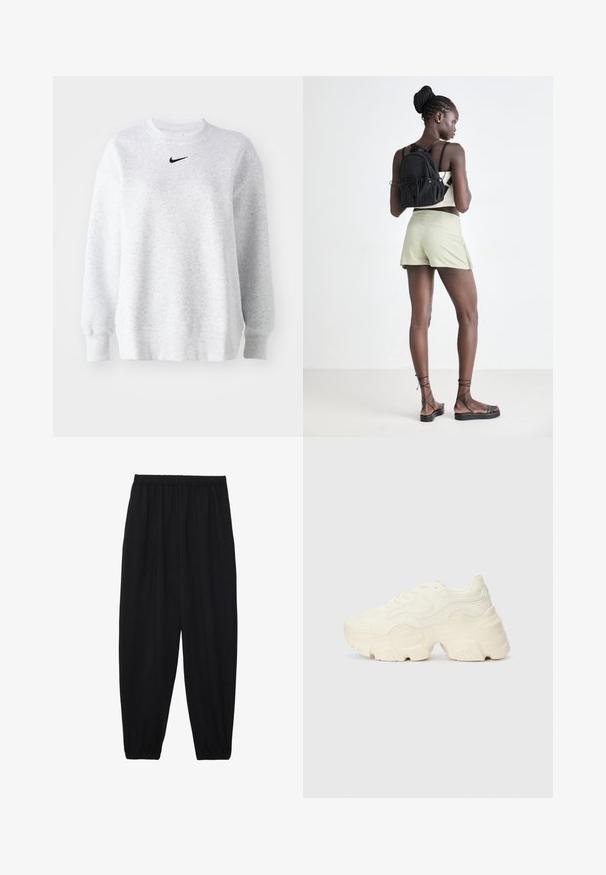 Grå hettegenser laget av mykt stoff med rund hals, senket skuldre, ribbestrikkede mansjetter, og en liten svart Nike-logo på brystet.; Svarte, lette bukser med elastisk liv og rynkede ankler. Stoffet er glatt og har en avslappet, innsvingt design.; Chunky hvite sneakers laget av teksturert mesh og syntetiske materialer, med en tykk såle og intrikate mønsterdetaljer langs sidene.; Svart ryggsekk med snor, lysegrønne shorts, beige topp og svarte sandaler med stropper. Modell poserer fra bakgrunnen mot en lys bakgrunn.