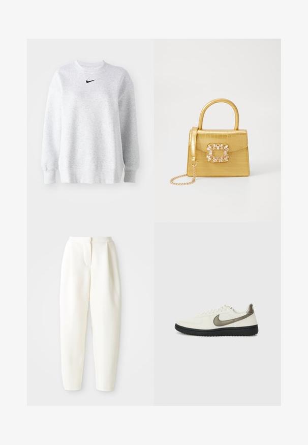 Pelēks džempers, kas izgatavots no mīksta auduma, ar apaļu kaklu, pakāpeniski kritiem pleciem, ribotām piedurknēm un mazu melnu Nike logo uz krūtīm.; Augstas jostas līnijas, sašaurināti balti bikses ar slēptu priekšējo aizdari un sānu kabatām, attēloti uz vienkrāsaina balta fona.; Nike Sportswear FIELD GENERAL - Treniņu apavi - off-white/black; Dzeltena mākslīgā krokodila roku soma ar strukturētu dizainu, augšējo rokturi, noņemamu ķēdes siksniņu un dekoratīvām kristāla rotājumiem aizdares daļā.