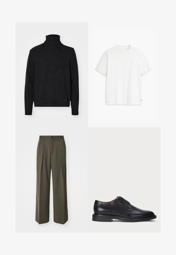 Zwarte coltrui gemaakt van zachte stof, met een geribbelde kraag, manchetten en onderrand, met een gladde textuur en zonder zichtbare patronen.; Wit katoenen T-shirt met korte mouwen, ronde hals en een subtiel "Levi's" logo in een lichte kleur op de voorkant gedrukt.; Filippa K WIDE TROUSERS - Broek - driftwood; Zwart leren dresschoen met een ronde neus, vetersluiting en een lage gestapelde hak. Gladde textuur met minimale stiksels.