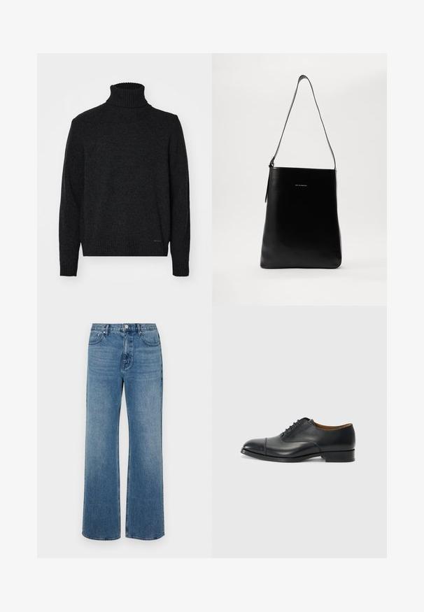 Black turtleneck sweater made from soft fabric, featuring a ribbed neck, cuffs, and hem, with a smooth texture and no visible patterns.; Wide-leg blue jeans made of denim with a faded finish. Features five pockets, a front button closure, and a straight cut.; Black leather dress shoe with a smooth finish, rounded toe, five eyelets for laces, and low block heel. Minimalist design with subtle stitching.; Black leather shoulder bag with a smooth texture, rectangular shape, and a long strap; features a small white logo at the center.