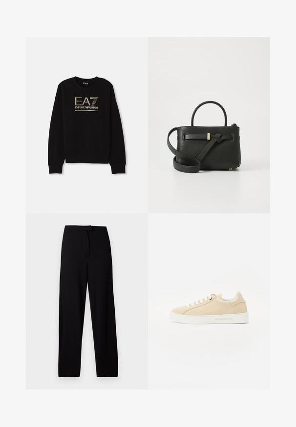 Sweatshirt preto com um destacado logotipo metálico dourado "EA7 Emporio Armani" na frente, com punhos e barra canelados.; Calças largas pretas feitas de um tecido suave e elástico. Apresenta uma cinta lisa e sem costuras ou bolsos visíveis. Design simples e versátil.; Sapatilhas de couro bege com sola de borracha branca, design perfurado na lateral e fecho de cordão com marca na parte traseira e na língua.; Bolsa de mão em pele preta com acabamento texturizado, alças superiores e uma alça ajustável longa. Apresenta um detalhe em metal dourado na parte da frente.
