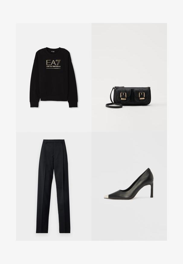Čierna mikina s výrazným zlatým kovovým logom "EA7 Emporio Armani" na prednej strane, s rebrovanými manžetami a lemom.; Čierne nohavice vyrobené z hladkej látky s vysokým pásom, širokými nohavicami, prednými záhybmi a klasickými pútkami na opasok. Žiadne bočné vrecká nie sú viditeľné.; Čierna kožená lodička s vysokým opätkom, špičkou a kovovou striebornou špičkou. Má hladký povrch a štíhly 10 cm opätok.; Čierna kožená crossbody taška s dvoma prednými vreckami, zlatými sponami, zipsovým uzatváraním a úzkym popruhom. Štruktúrovaný povrch a kompaktný obdĺžnikový tvar.