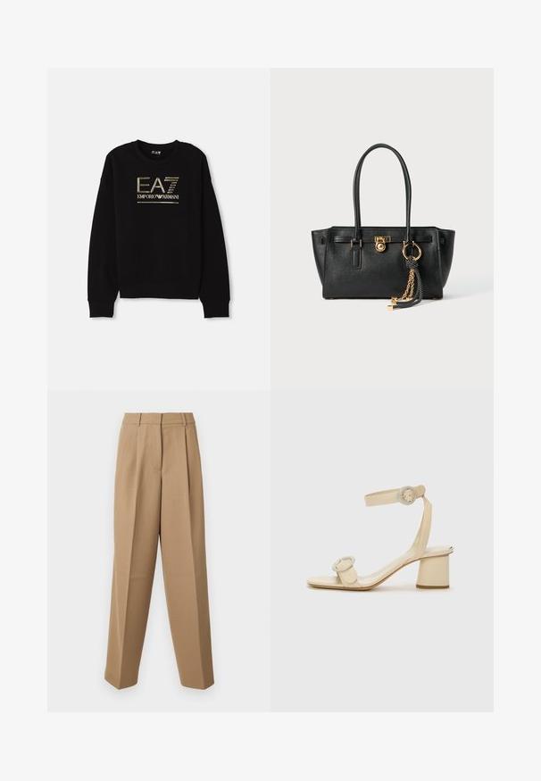 Felpa nera con un logo metallico dorato ben visibile "EA7 Emporio Armani" sul davanti, con polsini e orlo a costine.; Pantaloni beige su misura con vita alta, fronte plissettato e taglio a gamba larga. Il tessuto appare morbido con una leggera lucentezza.; Sandali con tacco alto beige dal design minimalista, caratterizzati da due accenti circolari e un tacco spesso. Realizzati in pelle liscia.; Borsa a mano in pelle nera con doppi manici, lucchetto dorato e dettaglio a catena, accessorio con nappina in bianco e nero su sfondo bianco.