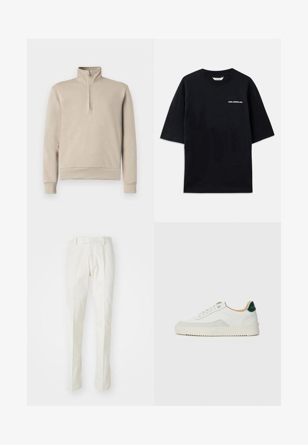 Beige mock neck sweatshirt with a half-zip front, long sleeves, and ribbed cuffs and hem. Soft fabric texture, minimal design.; Black cotton T-shirt with short sleeves, crew neck, and a small white "HOLZWEILER" logo on the front, featuring a loose fit.; White trousers made of cotton, featuring a straight-leg design, flat front, and no visible patterns or hardware. Smooth texture.; White sneaker with suede accents, rounded toe, flat laces, and a cream rubber sole. Features green branding on the heel.