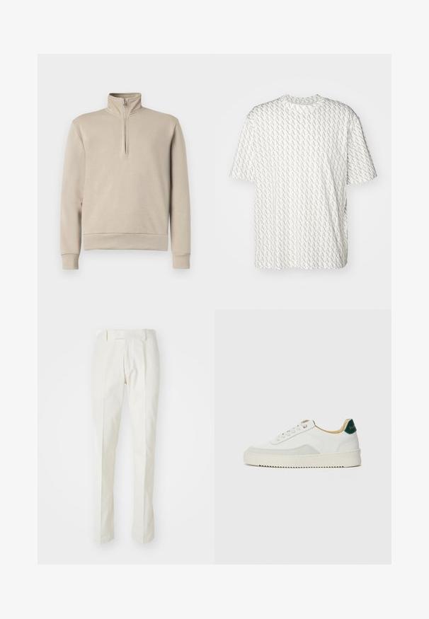 Beženi sweatshirt s polu-zatvaračem sprijeda, dugim rukavima i rebrastim rubovima. Mekana tekstura materijala, minimalistički dizajn.; Bijela majica s kratkim rukavima koja ima ponavljajući sivi uzorak slova "A", okrugli izrez i ležeran kroj. Izrađena je od mekanog materijala.; Bijele hlače od pamuka, s ravnim krojem, ravnim prednjim dijelom i bez vidljivih uzoraka ili metalnih dijelova. Glatka tekstura.; Bijele tenisice s akcentima od antilopa, zaobljenim vrhom, ravnim vezicama i krem gumenim potplatom. Imaju zelenu oznaku na peti.