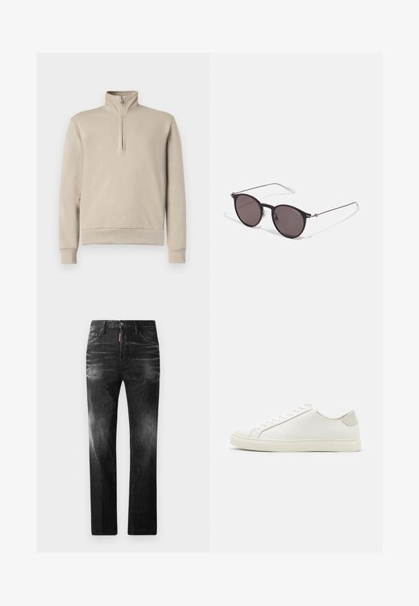 Beige Sweatshirt mit kurzer Frontreißverschluss und Stehkragen, langen Ärmeln sowie gerippten Bündchen und Saum. Weicher Stoff mit minimalistischem Design.; Schwarze Jeans aus Denim mit geradem Schnitt. Verfügt über ausgebleichte Bereiche, leichte Abnutzung, klassisches Fünf-Taschen-Design und einen Knopfverschluss.; Weiße Leder Sneakers mit glatter Oberfläche, runder Zehenform und minimalistischem Design. Mit beigen Akzenten an der Ferse und einer Gummisohle.; Schwarze runde Sonnenbrille mit dunklen Gläsern und schlanken Metallbügeln. Enthält klare Tempelspitzen und silberne Akzente am Scharnier. Minimalistisches Design.