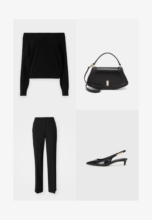 Fekete, vállon kívüli pulóver hosszú ujjakkal, bordázott nyakkal és szegéllyel, puha, texturált anyagból. Egyszerű, hétköznapi dizájn.; Fekete, testhezálló nadrág egyenes szárú kivitelben, sima textúrával és éles redőkkel az elején. Nincs látható fémalkatrész.; Fekete bőr slingback magassarkúk, hegyes orral, vékony sarkakkal és arany színű részlettel a állítható pánton. Simа felület.; Fekete bőr kézitáska, strukturált dizájnnal, rövidített formával, felső fogantyúval és arany színű kiegészítőkkel. Állítható vállpánt is tartozik hozzá.