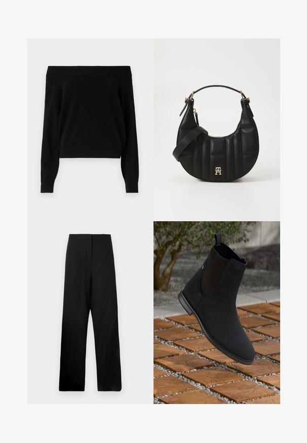 Črna pulover s spuštenimi rameni in dolgimi rokavi, z rebrastim izrezom in robom, izdelan iz mehkega teksturiranega materiala. Preprost, vsakdanji dizajn.; Črne hlače širokega kroja, izdelane iz lahkega materiala. Imajo gladko teksturo, visok pas in minimalne šive.; Črne gležnarje z elastiko na straneh, ki plavajo nad lesenimi kvadratnimi ploščicami s kamenčki v zunanjem okolju.; Črn usnjen ročni torbica s ukrivljeno obliko, prešito teksturo in zlatim okovjem. Ima snemljiv naramni trak in podrobnost z logotipom.