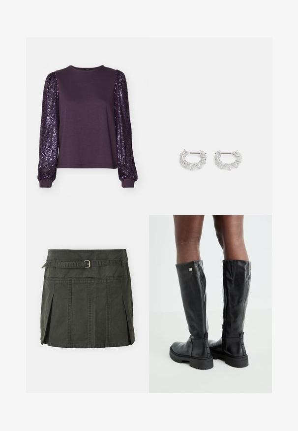 Lila, hosszú ujjú felső, sima anyagból készült testtel és flitteres puffos ujjakkal, kerek nyakkivágással és szabott mandzsettákkal.; Sötétzöld, pamut mini szoknya, formázott derékkal, övvel és elülső pliszékkel. Varrott részletekkel és klasszikus szabással rendelkezik.; Fekete, térd fölé érő bőr csizmák sima textúrával, lekerekített orral, vastag talppal és cipzáras záródással. Ezüst színű logó található az oldalon.; Ezüst karika fülbevalók, átlátszó, téglalap és háromszög alakú kristályokkal, mintás elrendezésben. Biztonságos rögzítést biztosító fülbevaló pálcikák.